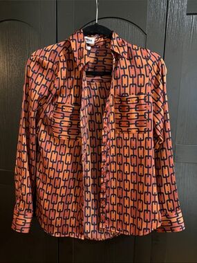 Express Orange and Navy Geometric Chain-Link Blouse